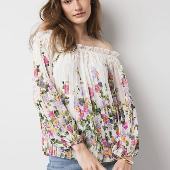 Off-the-Shoulder Floral Pleated Blouse - Picture 1 of 3
